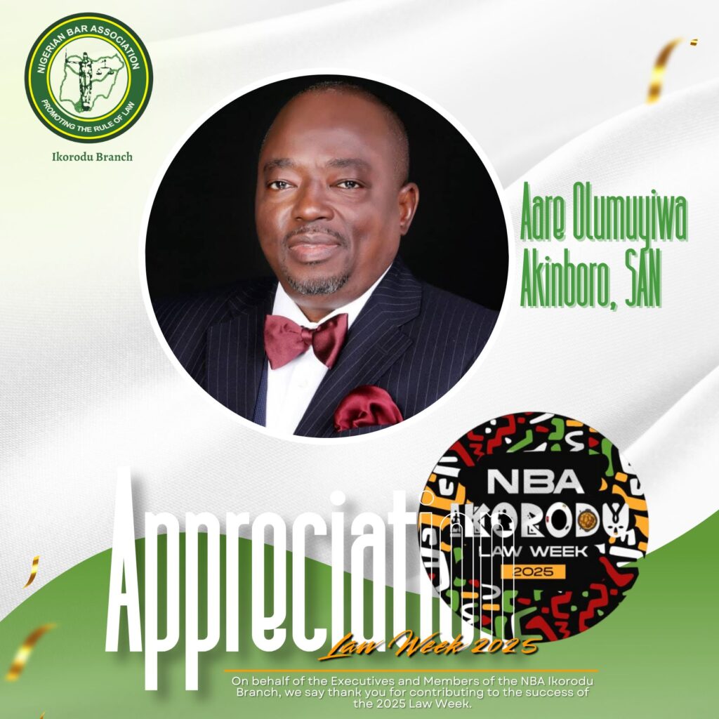 AARE OLUMUYIWA AKINBORO, SAN, APPRECIATES NBA IKORODU BRANCH ON A SUCCESSFUL 2025 LAW WEEK