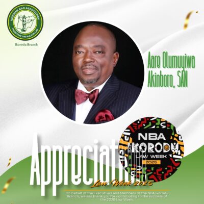 AARE OLUMUYIWA AKINBORO, SAN, APPRECIATES NBA IKORODU BRANCH ON A SUCCESSFUL 2025 LAW WEEK