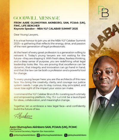 Aare Olumuyiwa Akinboro, SAN Delivers Stirring Goodwill Message at NBA-YLF Calabar Summit 2025