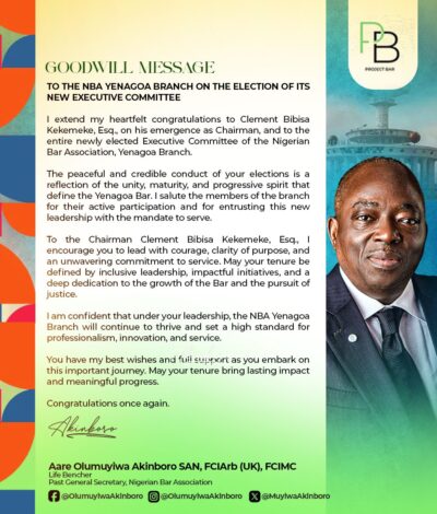 AARE OLUMUYIWA AKINBORO, SAN, CONGRATULATES NEWLY ELECTED NBA YENAGOA EXECUTIVE COMMITTEE