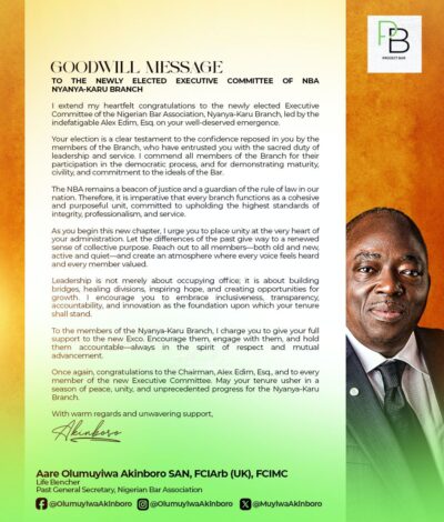 NBA Nyanya-Karu Branch Welcomes New Executive Committee with Goodwill Message