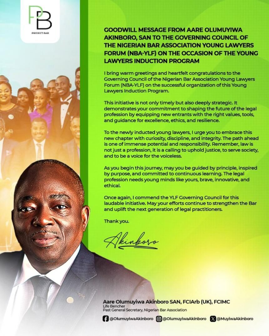 Aare Olumuyiwa Akinboro, SAN, Commends NBA-YLF on Successful Young Lawyers Induction Program