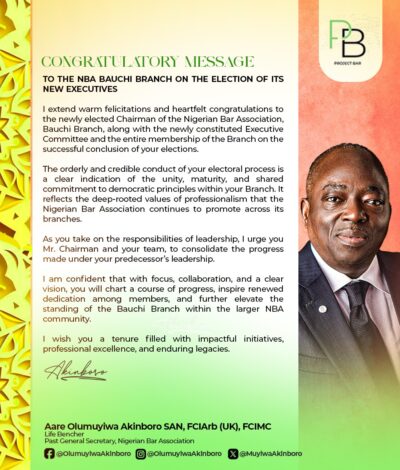 NBA Bauchi Branch Welcomes New Executives with Congratulatory Message from Aare Olumuyiwa Akinboro SAN
