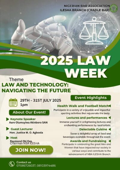 Aare Olumuyiwa Akinboro, SAN Felicitates with NBA Ilesha Branch on 2025 Law Week, Commends Theme on Law and Technology as Timely and Visionary